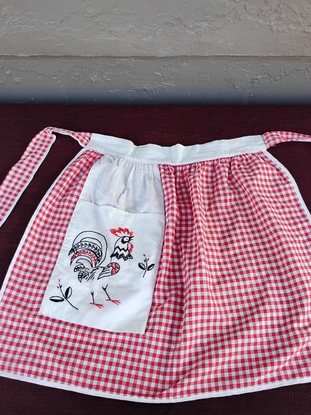 Vintage Red &White Checkerboard Cotton Apron Embroidered Rooster